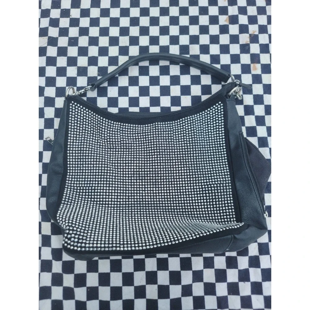 Black Rhinestone Hobo Shoulder Bag Bling Purse Top Handle‎ Faux Leather